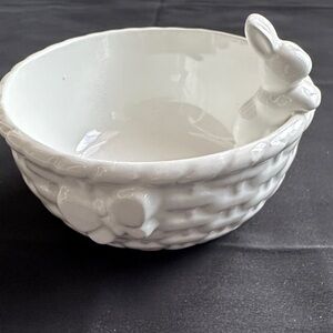 Ceramic white NWOT Easter bowl. Basket design adorned w/ a bunny and butterfly